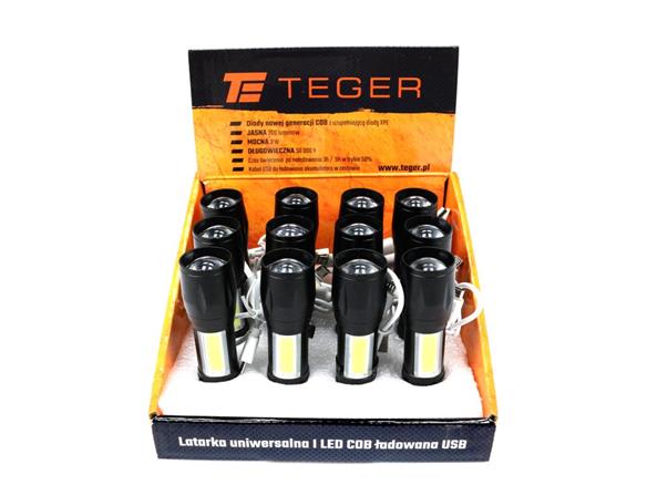 Latarka uniwersalna LED COB 200 lm ładowana USB sprzedawana po 12 szt w kartoniku ekspozycyjnym Teger