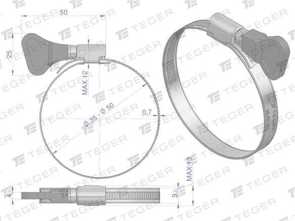 Opaska zaciskowa z pokrętłem 35-50 (32-50) ślimakowa (obejma W2 - stal nierdzewna) szerkość 9mm TEGER ( sprzedawane po 50 )