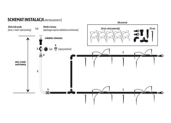 Zestaw nawadniania kropelkowego PROFESSIONAL 10 m z reduktorem ciśnienia (2 linie kroplujące. wąż 20m. szybkozłączki. zegar) / T