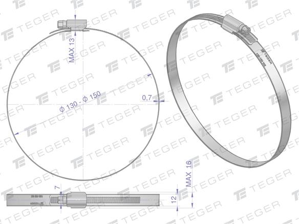 Opaska zaciskowa wzmocniona 130-150 ślimakowa (obejma W2 - stal nierdzewna) szerkość 12mm TEGER ( sprzedawane po 10 )