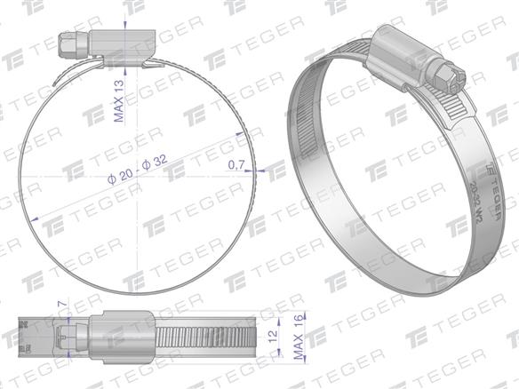 Opaska zaciskowa wzmocniona 20-32 ślimakowa (obejma W2 - stal nierdzewna) szerkość 12mm TEGER ( sprzedawane po 50 )