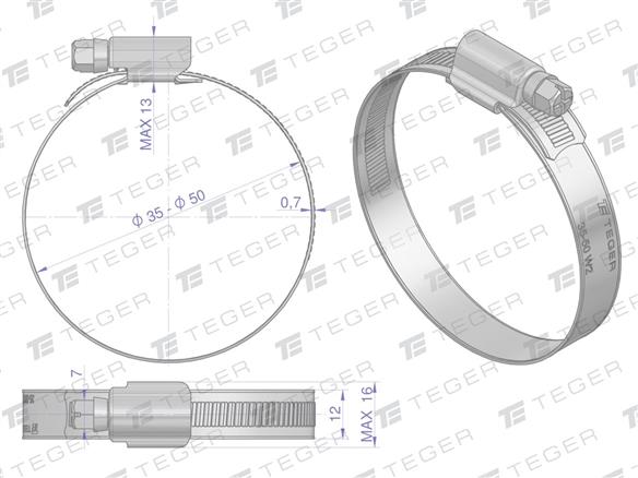 Opaska zaciskowa wzmocniona 35-50 (32-50) ślimakowa (obejma W2 - stal nierdzewna) szerkość 12mm (blister) TEGER ( sprzedawane po