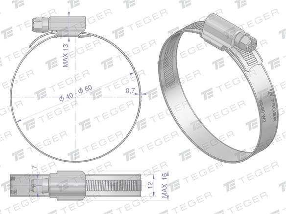 Opaska zaciskowa wzmocniona 40-60 ślimakowa (obejma W2 - stal nierdzewna) szerkość 12mm (blister) TEGER ( sprzedawane po 6 )