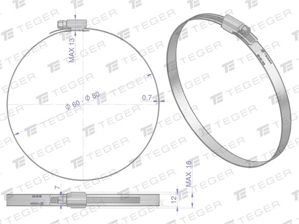 Opaska zaciskowa wzmocniona 60-80 ślimakowa (obejma W2 - stal nierdzewna) szerkość 12mm TEGER ( sprzedawane po 25 )