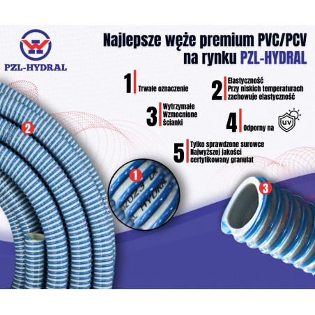 Wąż asenizacyjny PVC/PCV ssawno - tłoczący DN90 ( sprzedawany na krązki 30m ) Premium PZL HYDRAL PCV90PH