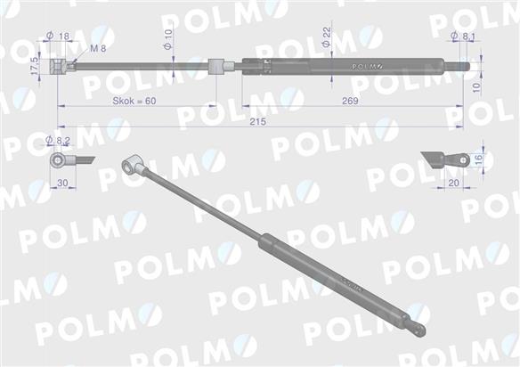 Siłownik szyby przedniej L max. 215mm 65499068 DIETEG POLMO