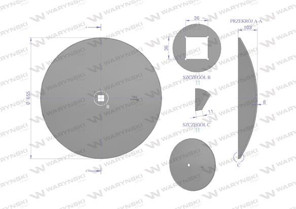 Talerz gładki fi 660 otwór 35x35 stal borowa 8mm Waryński