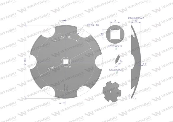 Talerz uzębiony Z-6 fi 460 otwór 30x30 stal borowa Waryński 1202030150