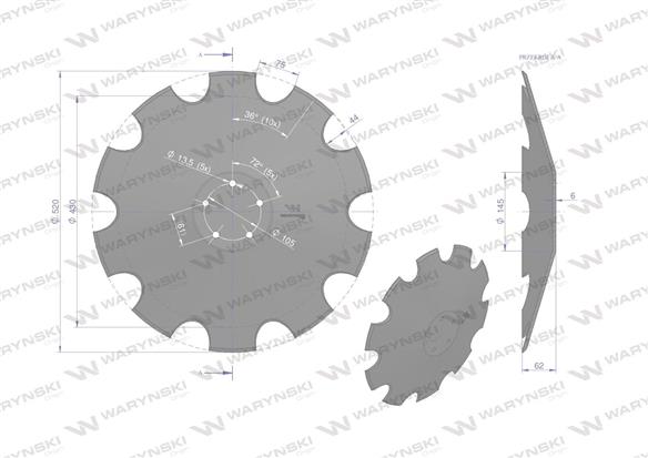 Talerz uzębiony Z-10 fi 520 mocowanie 5 / 105mm grubość 6mm zastosowanie Horsch stal borowa Waryński 28071305