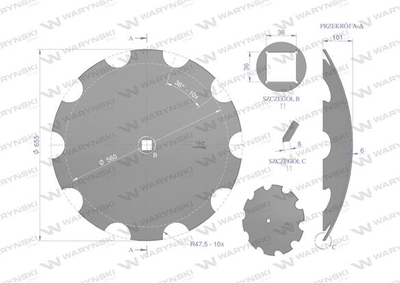 Talerz uzębiony Z-10 fi 660 otwór 35x35 stal borowa Waryński