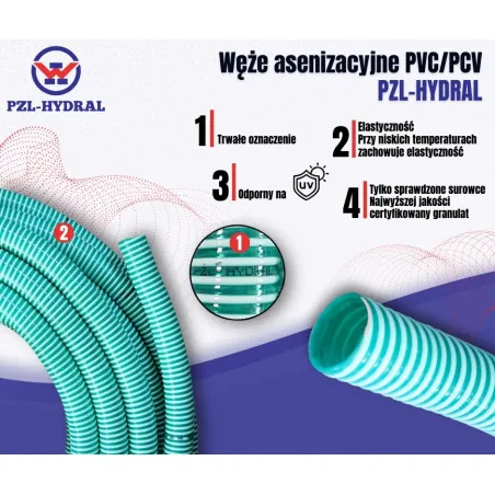 Wąż asenizacyjny PVC/PCV ssawno - tłoczący DN63 ( sprzedawany na metry ) PZL HYDRAL PCV63HMB