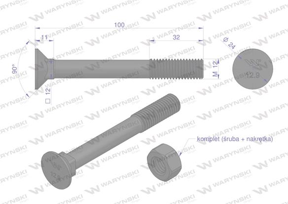 Śruba kpl. płużna podsadzana D 608 M12x100 mm kl.12.9 Waryński ( sprzedawane po 10 )