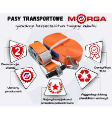 Pas transportowy 5T 10m szer. 50mm komplet z klamrą z gumową okładziną 230mm z atestem, standard MORGA PT5T10M50M