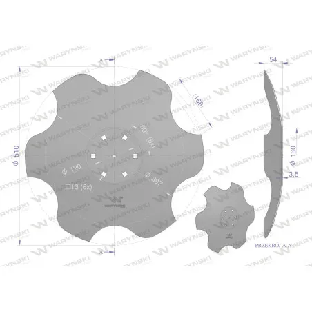 Talerz, skrajny prawy fi 510 mocowanie 6/120 grubość 3,5 mm stal borowa, Waryński W-95116035