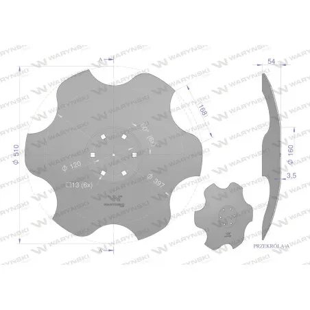 Talerz, skrajny lewy fi 510 mocowanie 6/120 grubość 3,5 mm stal borowa, Waryński W-95106035