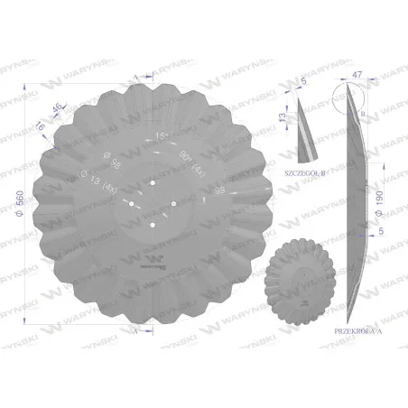 Talerz, tłoczony fi 560 mocowanie 4/98 grubość 5 mm stal borowa, Waryński W-85602250