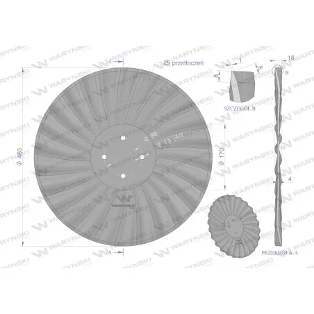 Talerz, prosty falowany drobna fala 460 mocowanie 4/98 grubość 4 mm stal borowa, Waryński W-14602245