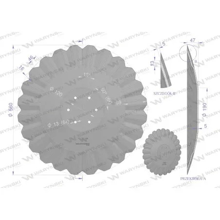 Talerz, tłoczony fi 560 mocowanie 6/120 grubość 5 mm stal borowa, Waryński W-85606050