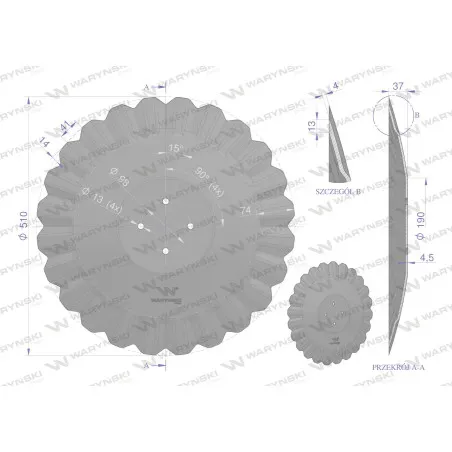 Talerz, tłoczony fi 510 mocowanie 4/98 grubość 4,5 mm stal borowa, Waryński W-85102245