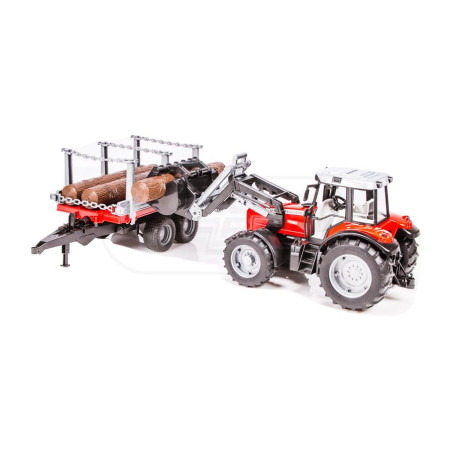 Traktor Massey Ferguson 7480 z ładowaczem czołowym, przyczepą do drzewa Bruder 02046 BR02046