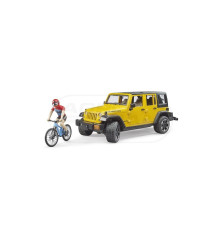 Jeep Wrangler rubicon z figurką kolarza i rowerem górskim Bruder 02543 BR02543