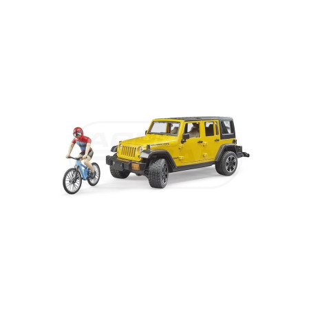 Jeep Wrangler rubicon z figurką kolarza i rowerem górskim Bruder 02543 BR02543
