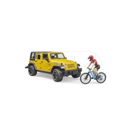 Jeep Wrangler rubicon z figurką kolarza i rowerem górskim Bruder 02543 BR02543