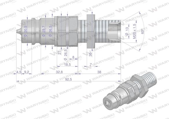 Szybkozłącze hydrauliczne wtyczka long z eliminatorem ciśnienia M20x1.5 gwint zewnętrzny EURO (ISO 7241-A) Waryński