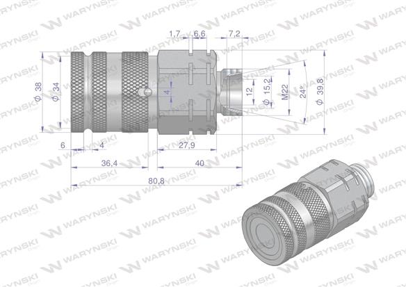 Szybkozłącze hydrauliczne suchoodcinające gniazdo M22x1.5 15L gwint zewnętrzny ISO16028 Waryński