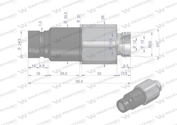 Szybkozłącze hydrauliczne suchoodcinające wtyczka M22x1.5 15L gwint zewnętrzny ISO16028 Waryński