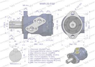 Silnik hydrauliczny orbitalny WMR 25 cm3/obr z wałkiem fi 32mm (100 bar / max.200 bar) Waryński