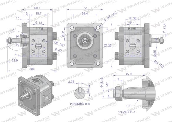 Pompa hydrauliczna zębata 1.0cm3 (grupa 1 - typ europejski) wałek 1:8 przyłącza gwintowane (obroty prawe) max.250 bar Waryński