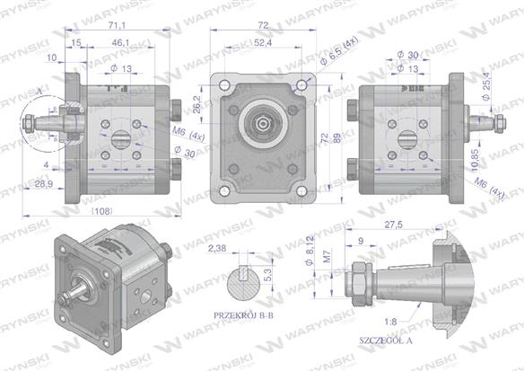 Pompa hydrauliczna zębata 3.8cm3 (grupa 1 - typ europejski) wałek 1:8 przyłącza gwintowane (obroty prawe) max.260 bar Waryński