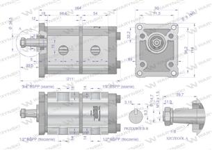 Pompa hydrauliczna zębata podwójna 16+8 cm3 (grupa 2+2 - typ europejski) wałek 1:8 przyłącza gwintowane (obroty prawe) max.260 b