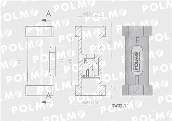 Zawór zwrotny odcinający prosty 22x1.5 gwint wewnętrzny max ciśnienie 22MPa POLMO