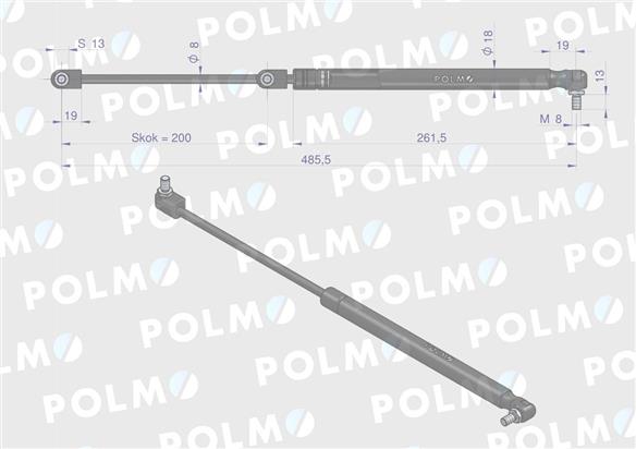 Siłownik szyby tylnej L max. 485,5mm 47108190P NEW HOLLAND STEYR POLMO