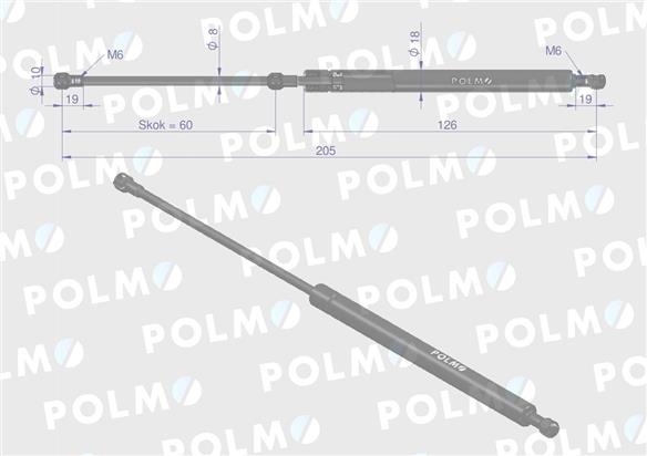 Siłownik drzwi L max. 205mm 47335077P CASE IH NEW HOLLAND STEYR POLMO