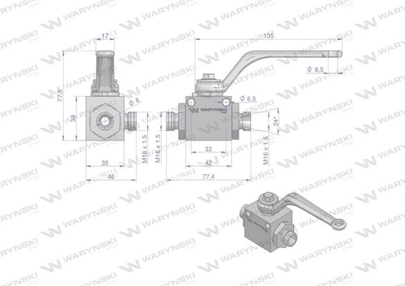 Zawór kulowy hydrauliczny 3-drogowy 3/2 M16x1.5 10L z otworami mocującymi 500 bar Waryński