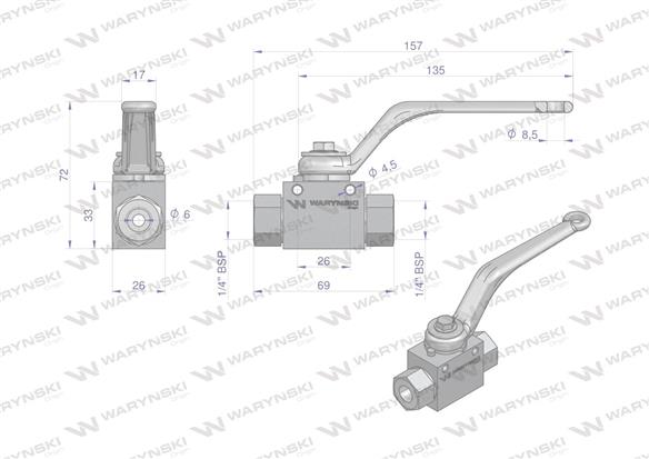 Zawór kulowy hydrauliczny 2-drogowy 2/2 - 1/4"BSP z otworami mocującymi 500 bar Waryński