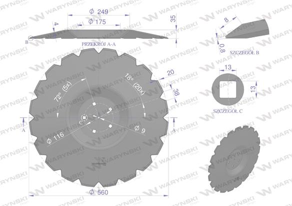 Talerz uzębiony Z-20 fi 560 mocowanie 5/116 przetłoczony grubość 4 mm stal borowa WARYŃSKI R zastosowanie AU/383-560/5