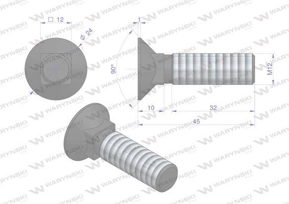 Śruba kpl. płużna podsadzana D 608 M12x45 mm kl.10.9 Waryński ( sprzedawane po 25 )