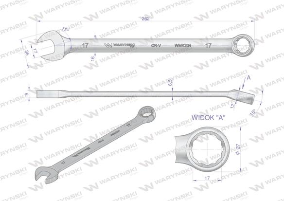 Klucz płaskooczkowy extra długi 17mm dł 262mm standard ASME B107.9M Waryński