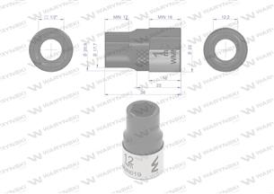 Nasadka sześciokątna 1/2". 12 mm. CrV50BV30. DIN 3124. Waryński