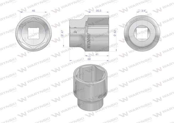 Nasadka sześciokątna 3/4". 46 mm. CrV50BV30. DIN 3124. Waryński