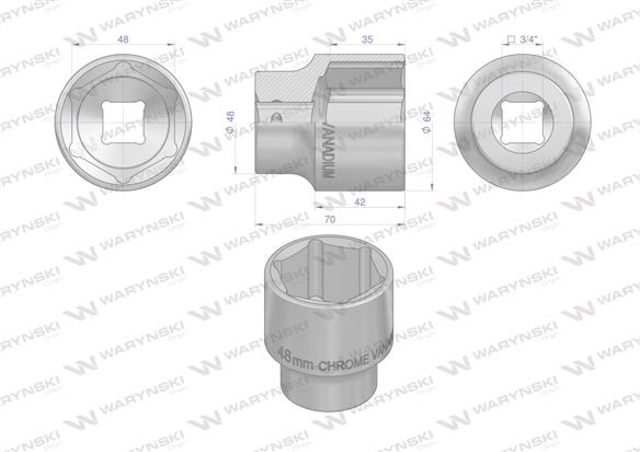 Nasadka sześciokątna 3/4". 48 mm. CrV50BV30. DIN 3124. Waryński