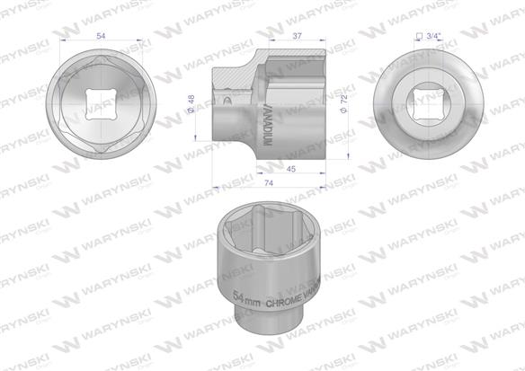 Nasadka sześciokątna 3/4". 54 mm. CrV50BV30. DIN 3124. Waryński