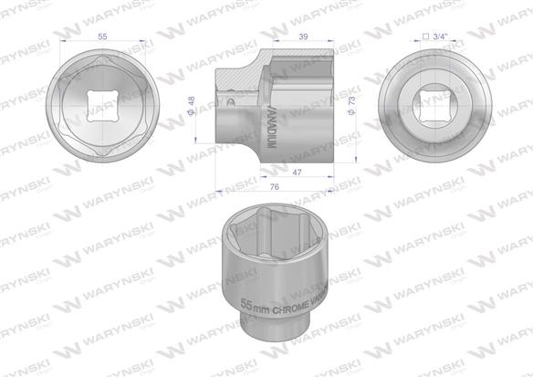 Nasadka sześciokątna 3/4". 55 mm. CrV50BV30. DIN 3124. Waryński