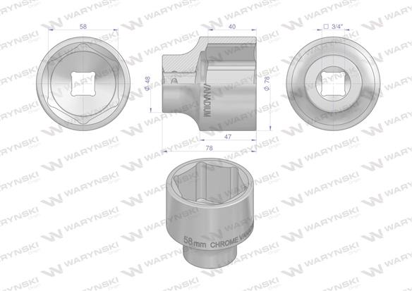 Nasadka sześciokątna 3/4". 58 mm. CrV50BV30. DIN 3124. Waryński