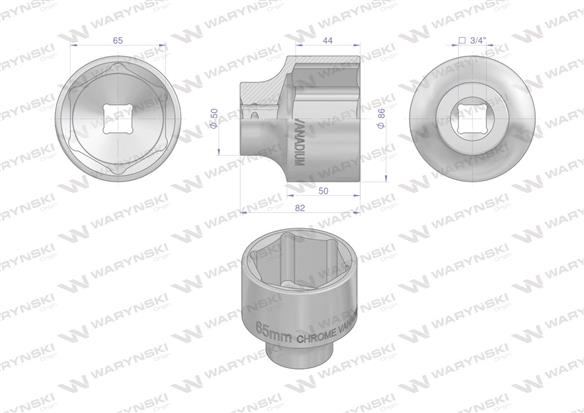 Nasadka sześciokątna 3/4". 65 mm. CrV50BV30. DIN 3124. Waryński