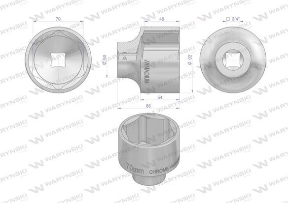 Nasadka sześciokątna 3/4". 70 mm. CrV50BV30. DIN 3124. Waryński